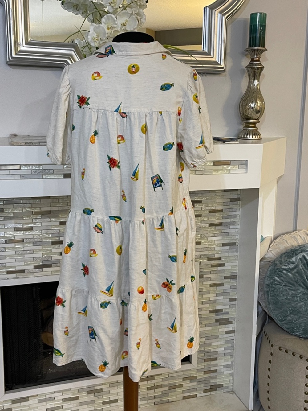 NWOT Jane and Delancey button front Tiered tropical linen blend Dress L - Picture 6 of 9